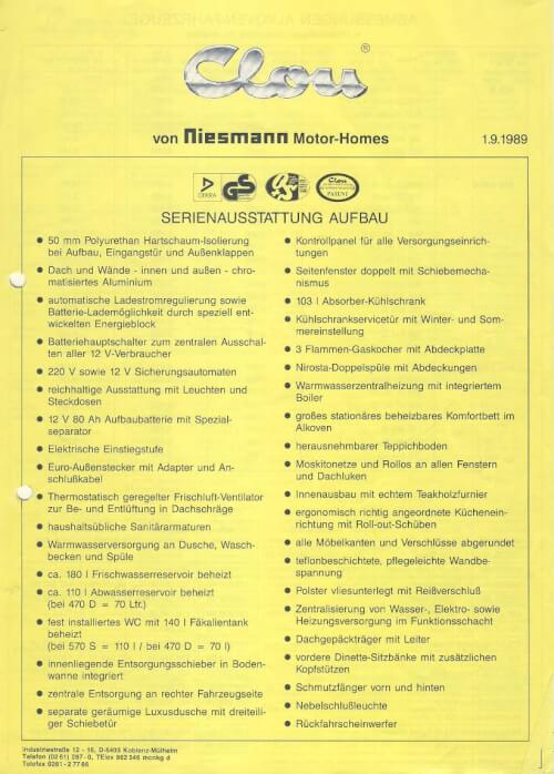 Niesmann+Bischoff Teilintegriert Preisliste 1989 Vorschau