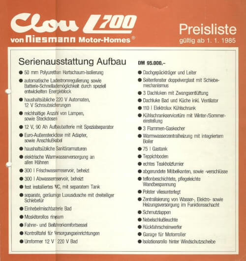 Niesmann+Bischoff Wohnwagen Preisliste 1985 Vorschau