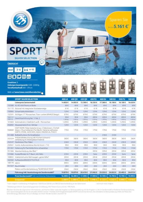Knaus Sport Silver Selection - Caravan Preisliste 2019 Vorschau